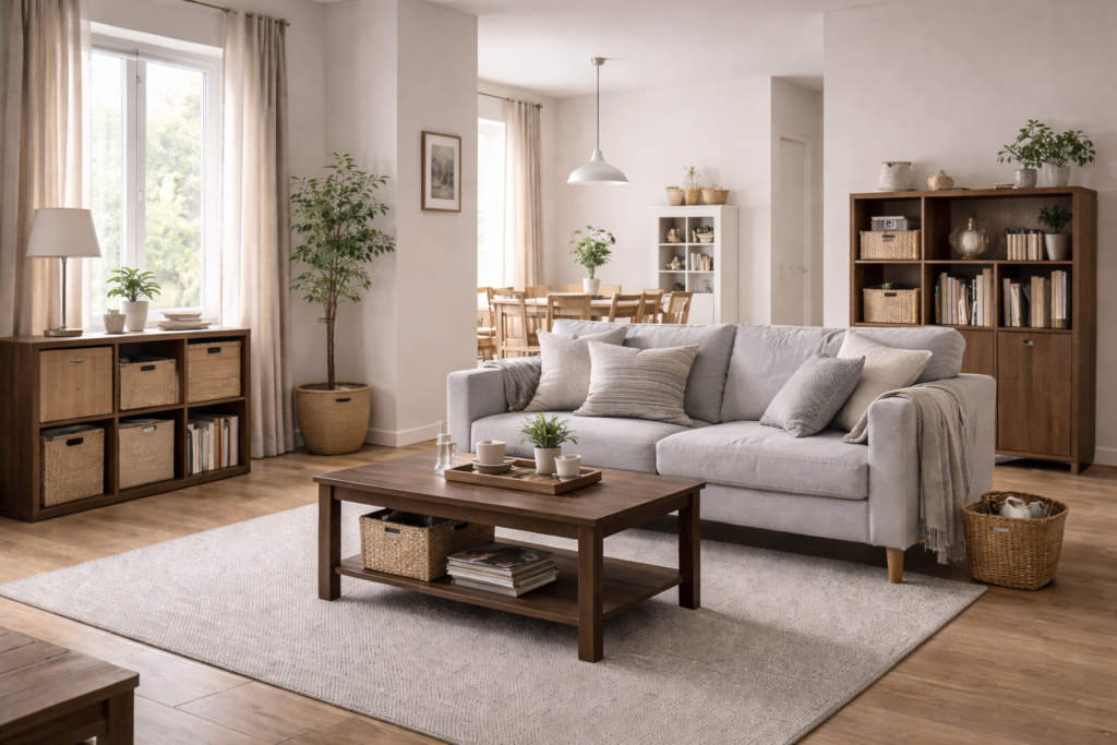 Living room arranged for easy movement with soft morning light and minimal clutter.