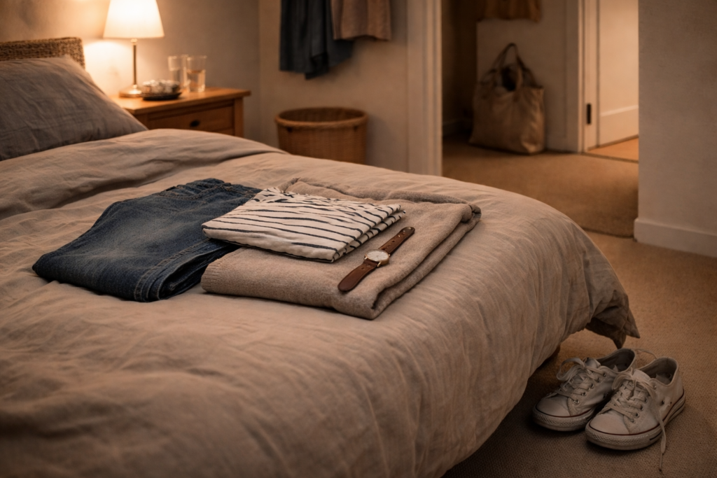 Clothes and everyday items set out in the evening to reduce decisions the next morning.
