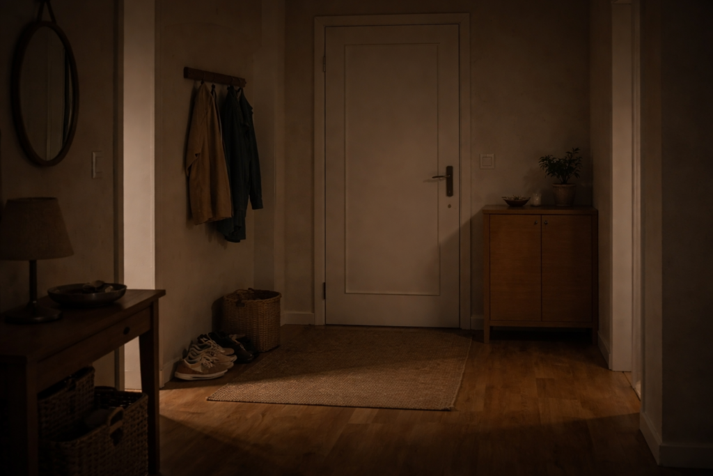 Home interior at night with lights dimmed and spaces reset, showing the house prepared for rest.