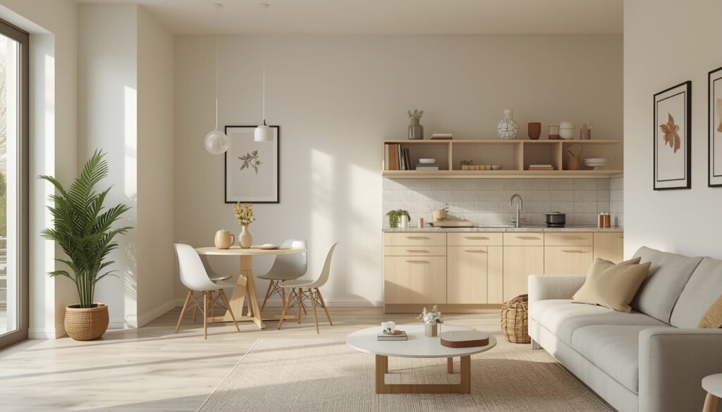 calm and organised modern home interior showing clean kitchen and living area with natural light